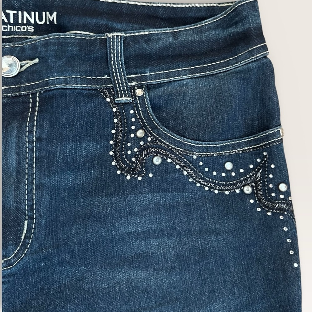 Chico's Platinum Dark Blue Flare Jeans with Stud & Sequin Detail C228 - Picture 5 of 8